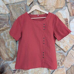 RUST ORANGE 100% Cotton Linen-Look Top | Side Button Detail | Size M